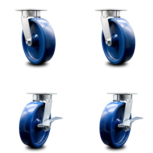 8 Inch Kingpinless Solid Poly Wheel Swivel Caster Set with 2 Brakes SCC
